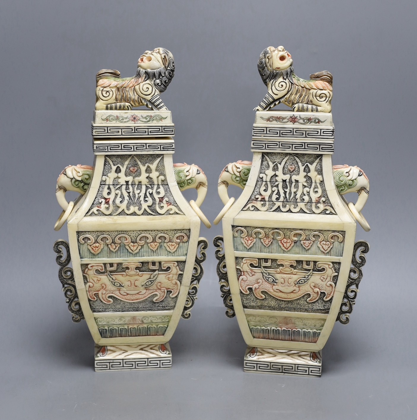 A pair of Chinese bone veneered vases, 37cm high